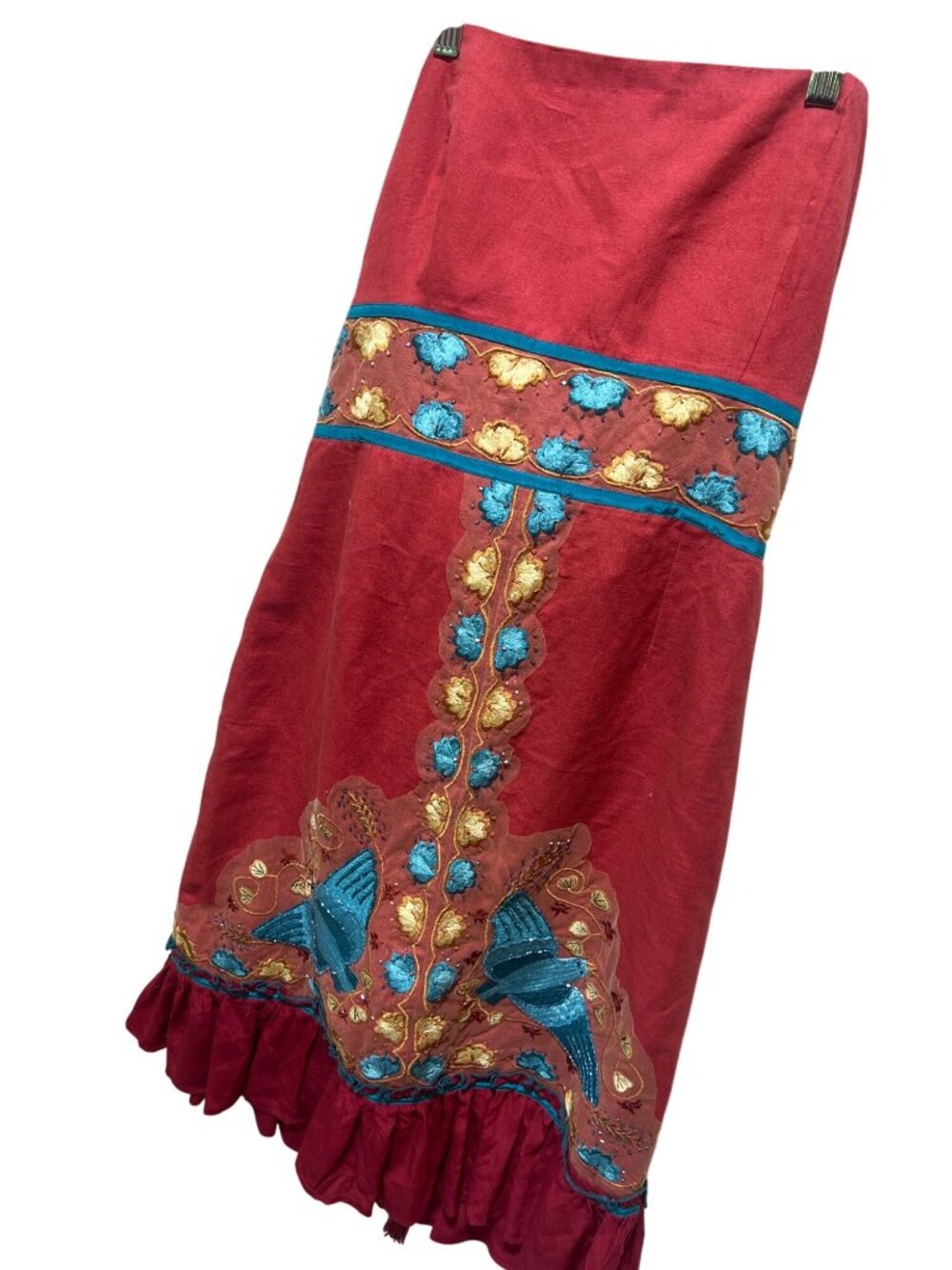Plenty by Tracy Reese Y2K Bohemian Strapless Red Dress With Blue & Gold Embroide